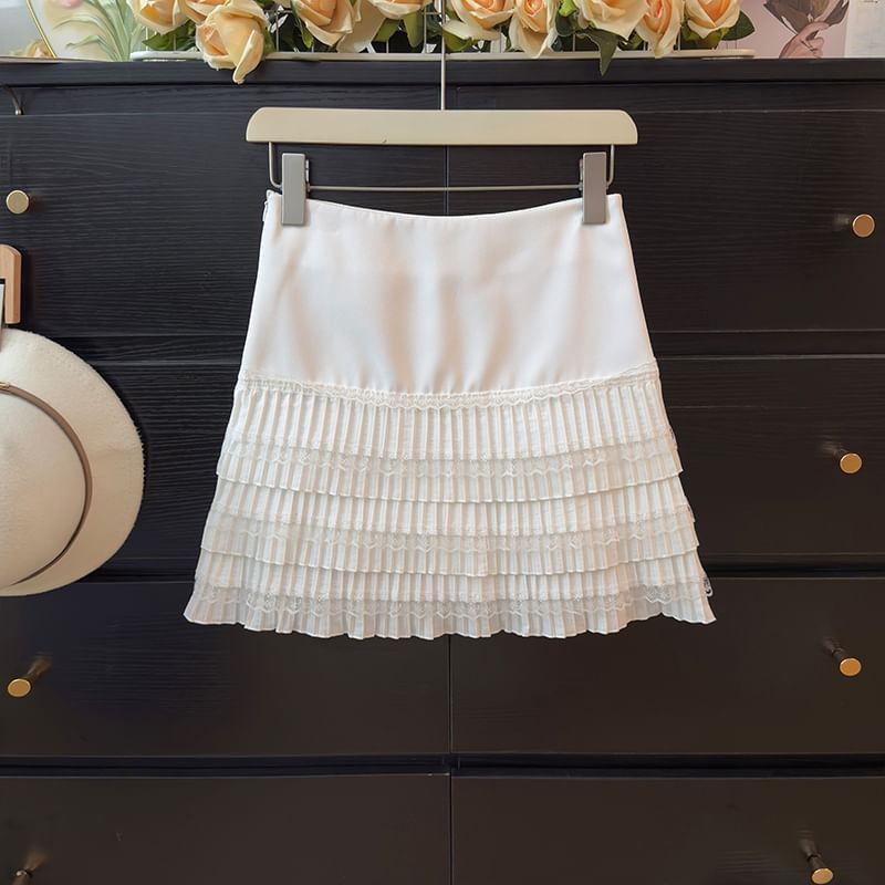 Lace-Trimmed Pleated Mini Skirt with High Rise
