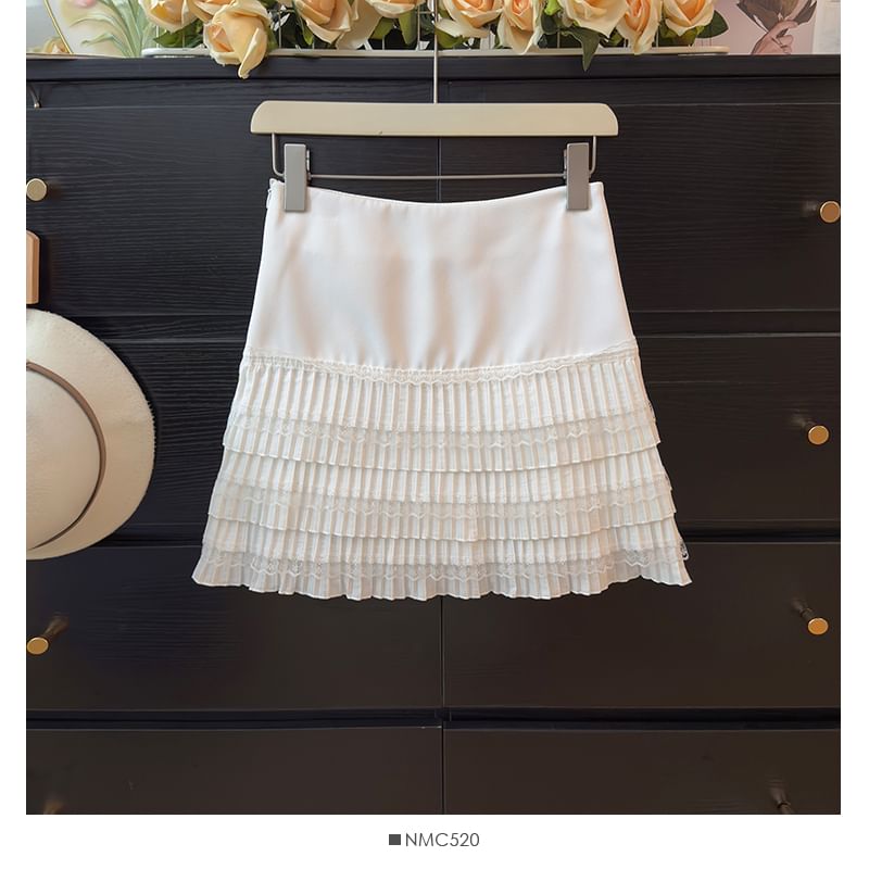 Lace-Trimmed Pleated Mini Skirt with High Rise