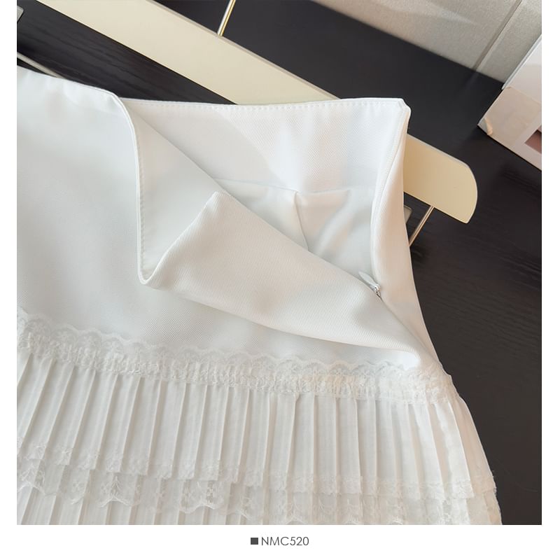Lace-Trimmed Pleated Mini Skirt with High Rise