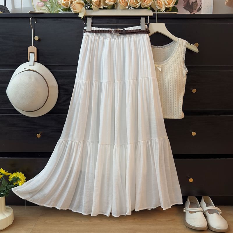 Elevated Waistline Solid Flared Maxi Skirt