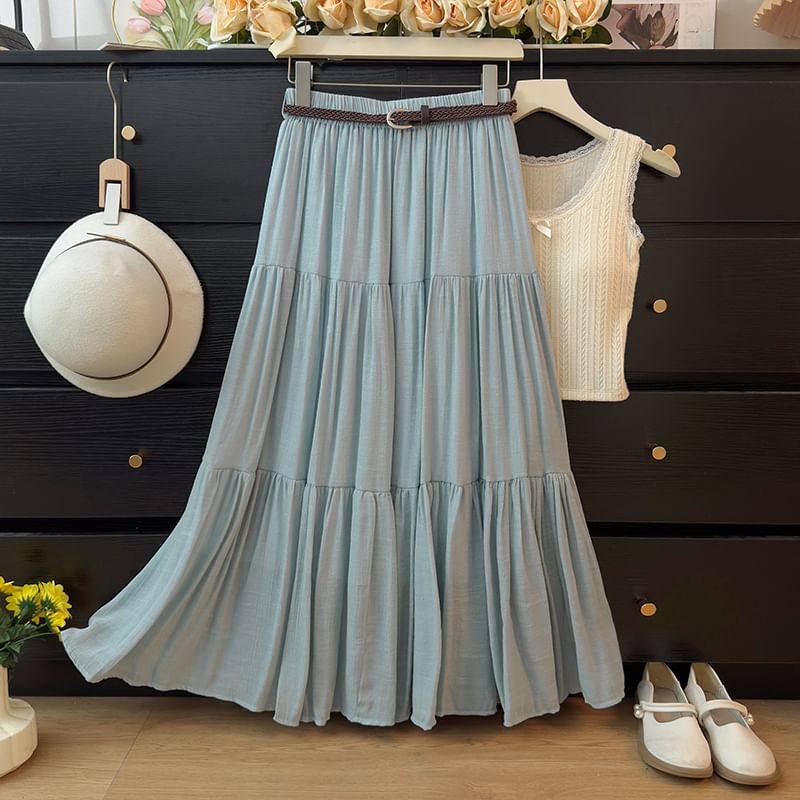 Elevated Waistline Solid Flared Maxi Skirt