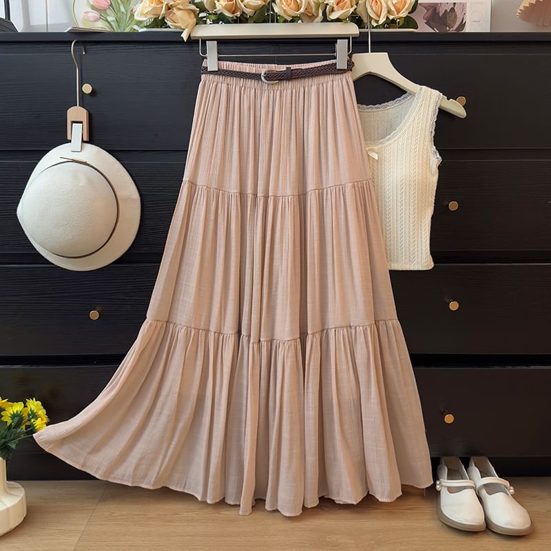 Elevated Waistline Solid Flared Maxi Skirt