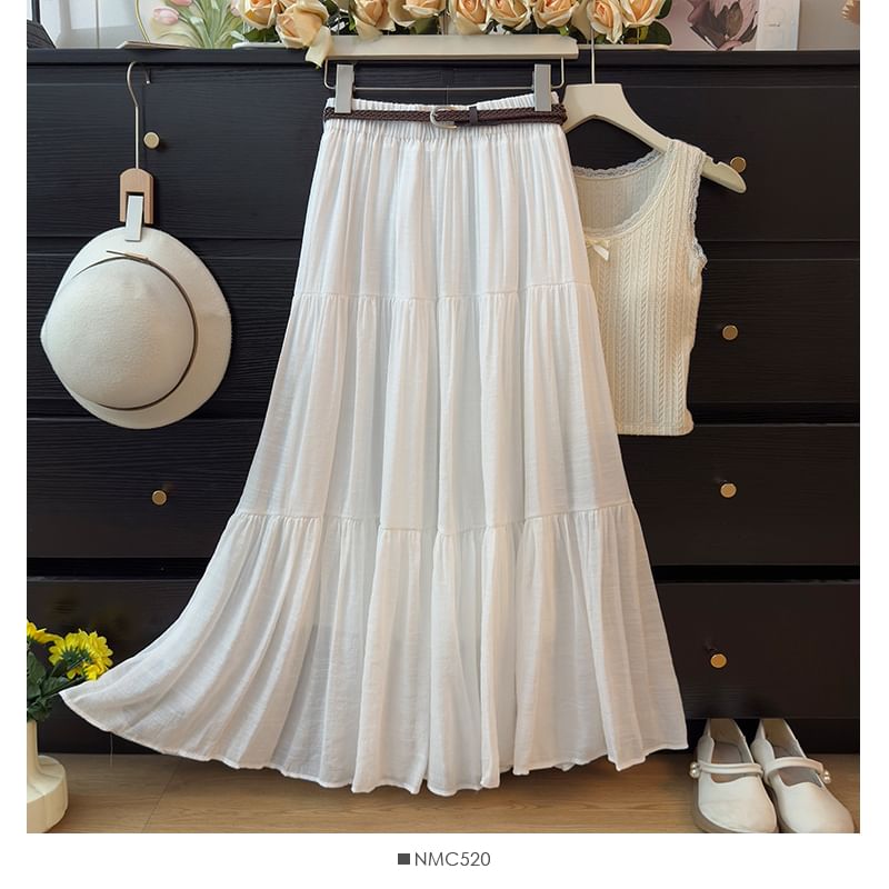 Elevated Waistline Solid Flared Maxi Skirt