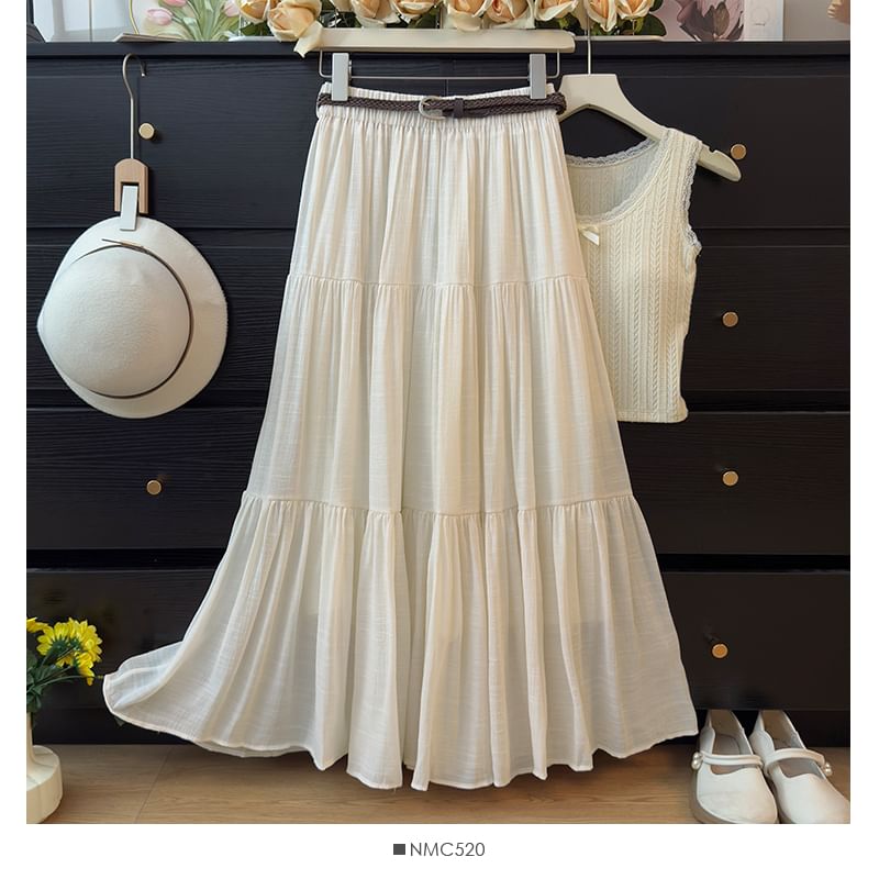 Elevated Waistline Solid Flared Maxi Skirt