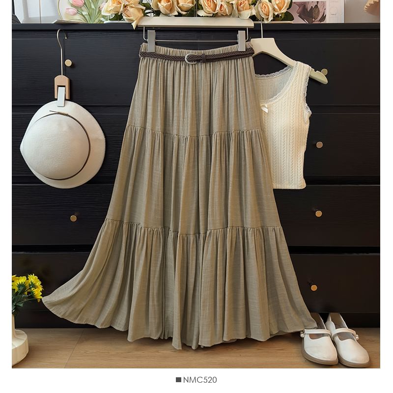 Elevated Waistline Solid Flared Maxi Skirt