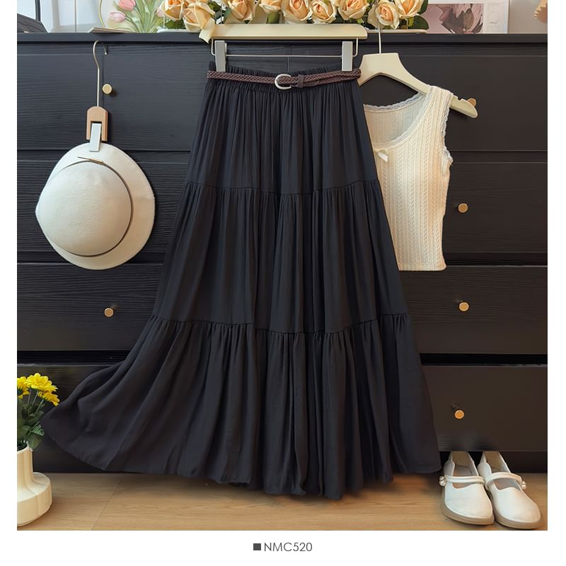 Elevated Waistline Solid Flared Maxi Skirt