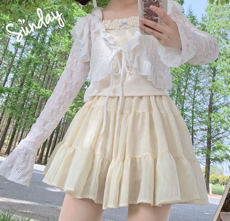 Long-Sleeve V-Neck Ruffle-Trim Crop Jacket in Light Fabric