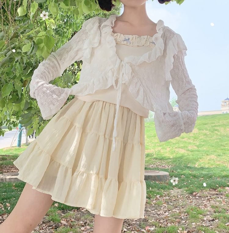 Long-Sleeve V-Neck Ruffle-Trim Crop Jacket in Light Fabric