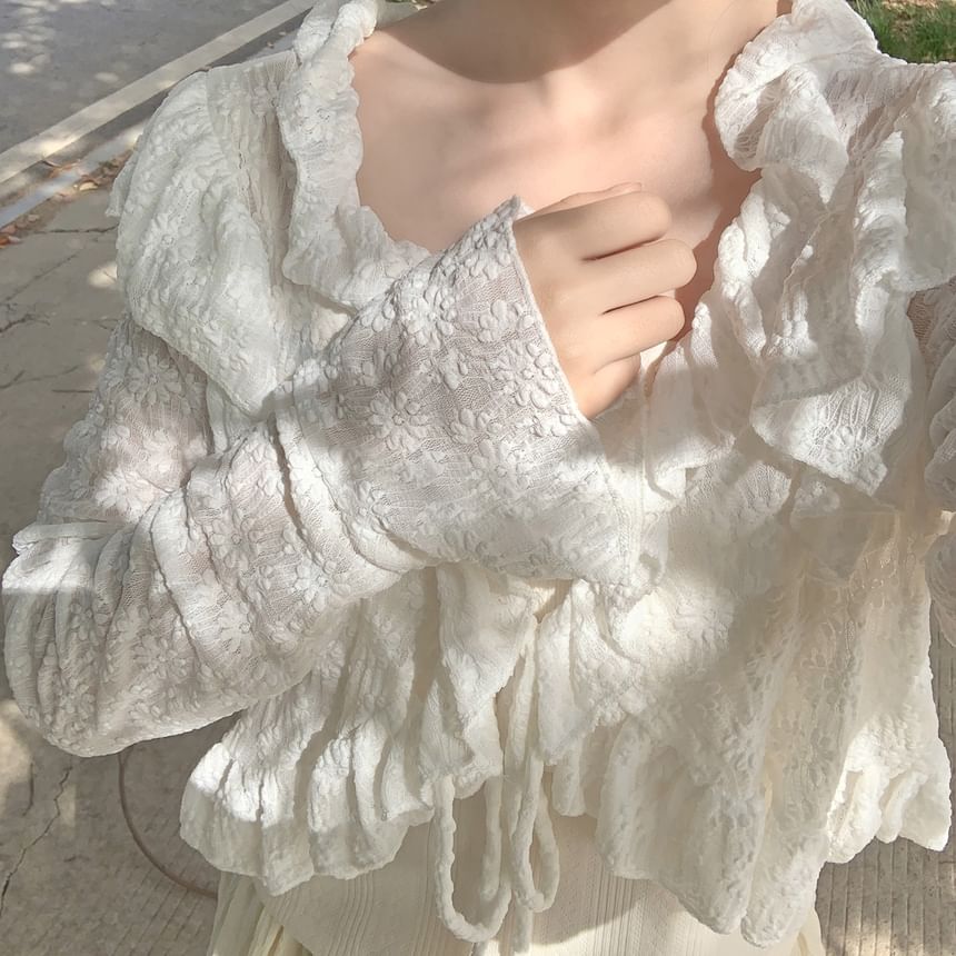 Long-Sleeve V-Neck Ruffle-Trim Crop Jacket in Light Fabric