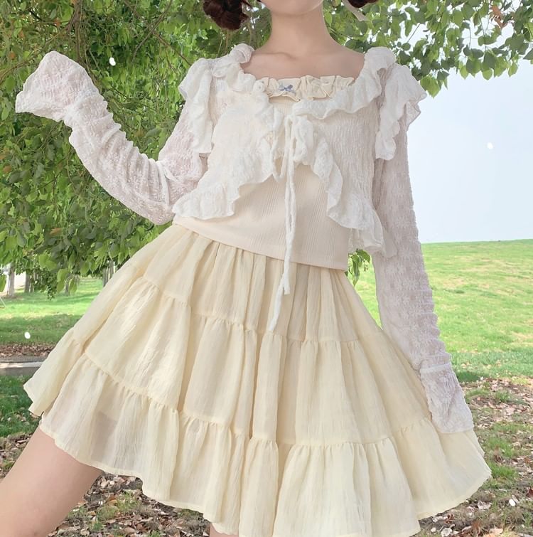 Long-Sleeve V-Neck Ruffle-Trim Crop Jacket in Light Fabric