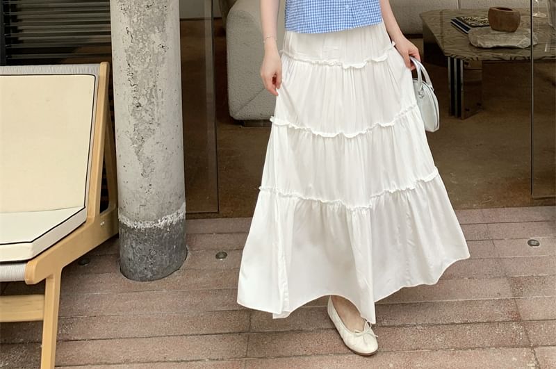 High-Waist Ruffle-Trim Maxi Skirt with Sleeveless Plaid Mock Two-Piece Top