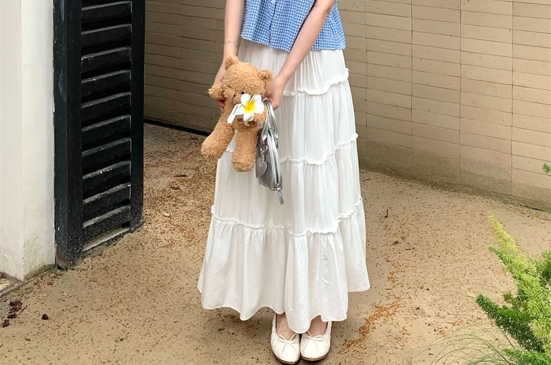 High-Waist Ruffle-Trim Maxi Skirt with Sleeveless Plaid Mock Two-Piece Top