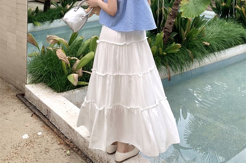 High-Waist Ruffle-Trim Maxi Skirt with Sleeveless Plaid Mock Two-Piece Top