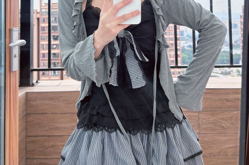 Lace Halter Camisole, Ruffled Crop Cardigan, and Striped Mini A-Line Skirt Set