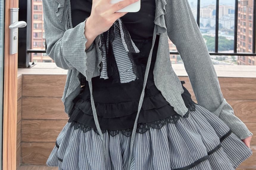 Lace Halter Camisole, Ruffled Crop Cardigan, and Striped Mini A-Line Skirt Set