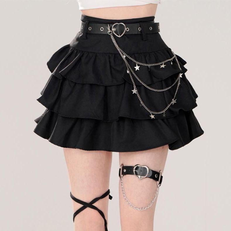 Tiered Mini Skirt Set with Waist Chain and Belt