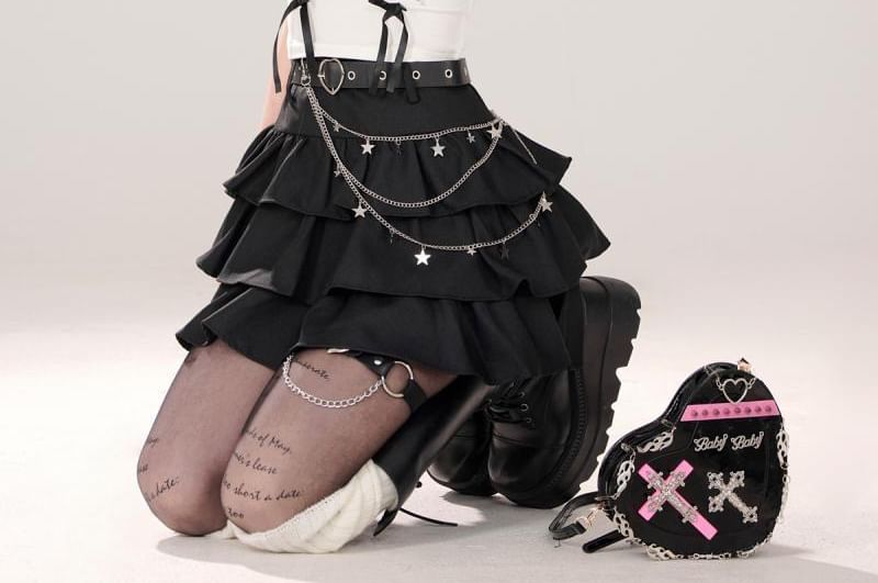 Tiered Mini Skirt Set with Waist Chain and Belt
