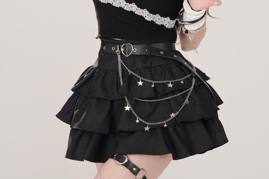 Tiered Mini Skirt Set with Waist Chain and Belt