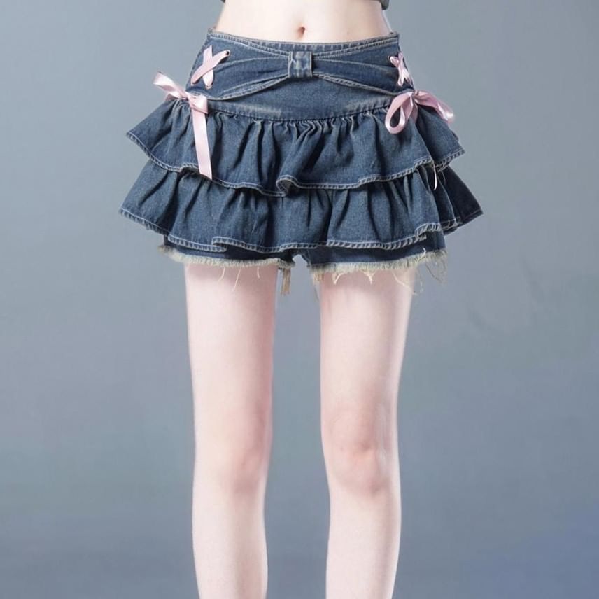 Layered Denim Mini Skirt with Low Waist