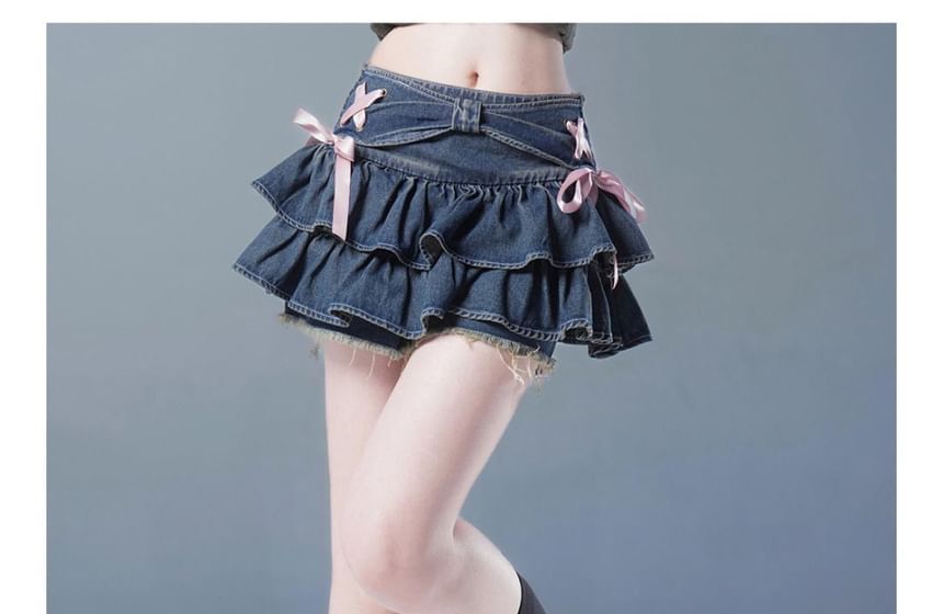 Layered Denim Mini Skirt with Low Waist
