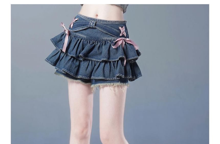 Layered Denim Mini Skirt with Low Waist