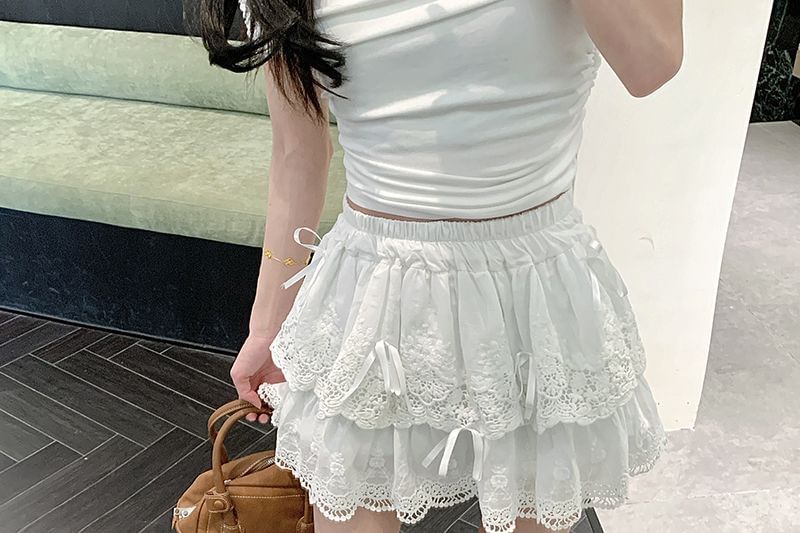 Lace Layered Mini Skirt with High Rise