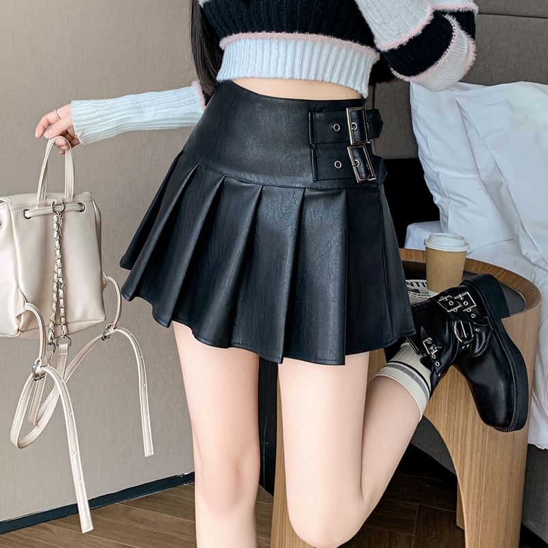Faux Leather Pleated Mini Skirt with High Rise