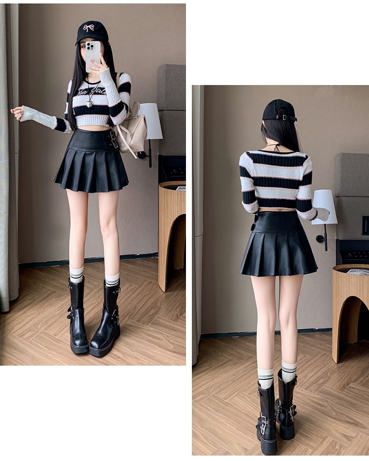 Faux Leather Pleated Mini Skirt with High Rise