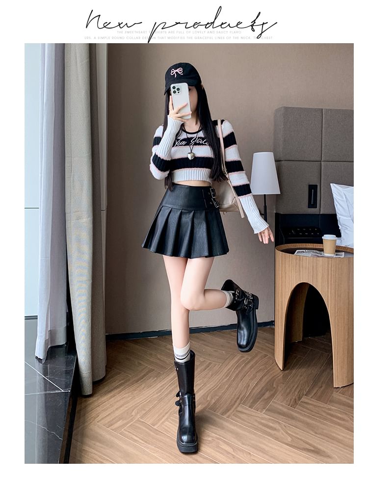 Faux Leather Pleated Mini Skirt with High Rise