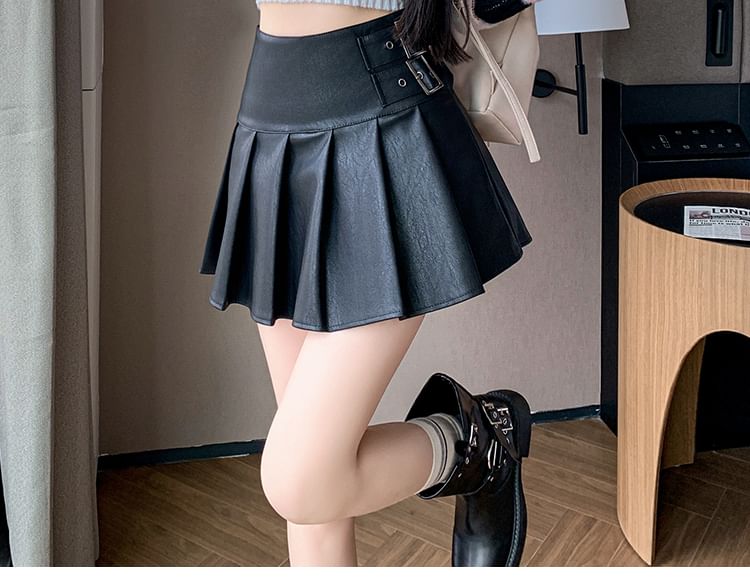 Faux Leather Pleated Mini Skirt with High Rise
