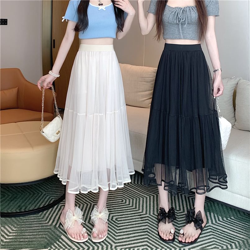 Mesh Flared Midi Skirt with High Rise