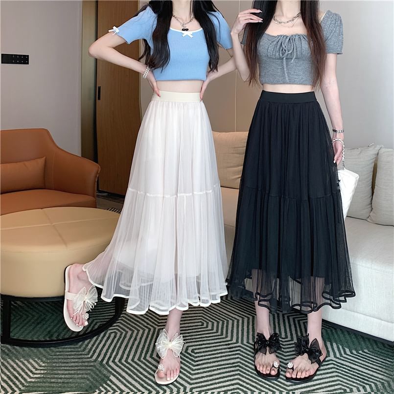 Mesh Flared Midi Skirt with High Rise