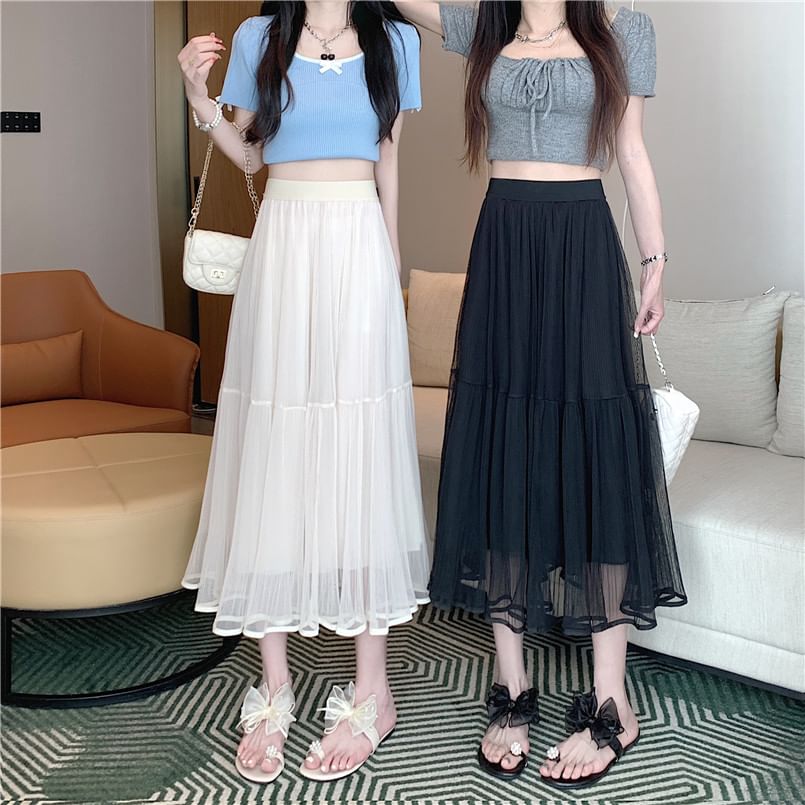 Mesh Flared Midi Skirt with High Rise