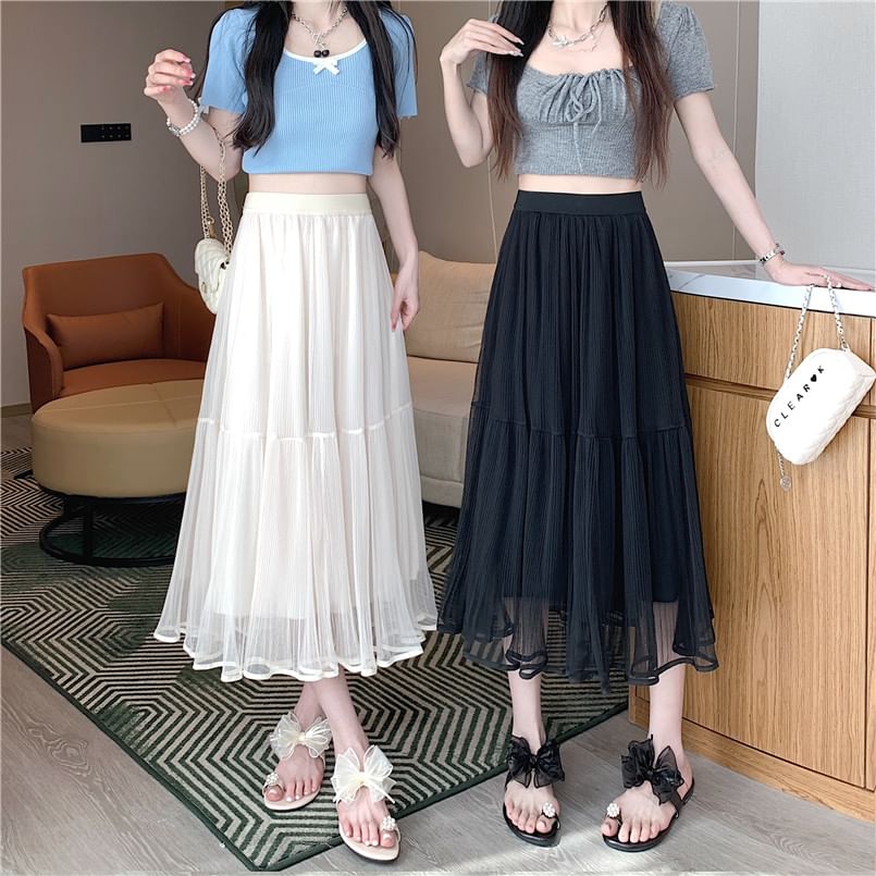 Mesh Flared Midi Skirt with High Rise