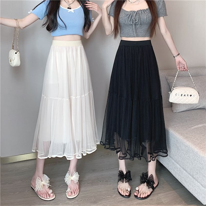 Mesh Flared Midi Skirt with High Rise