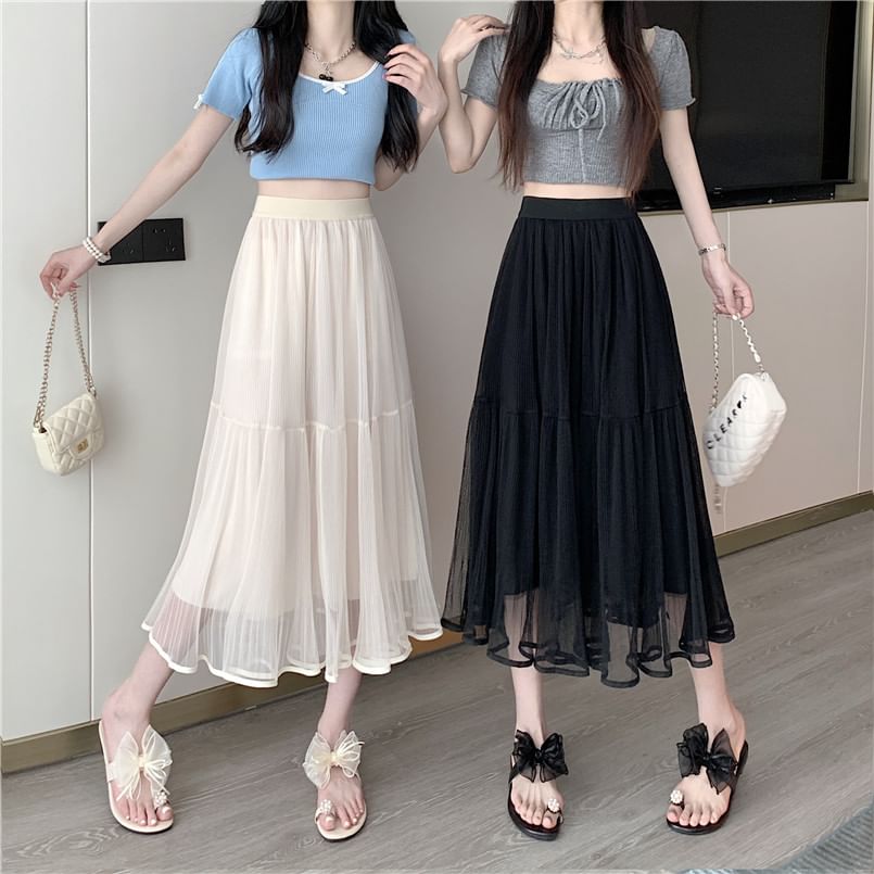 Mesh Flared Midi Skirt with High Rise