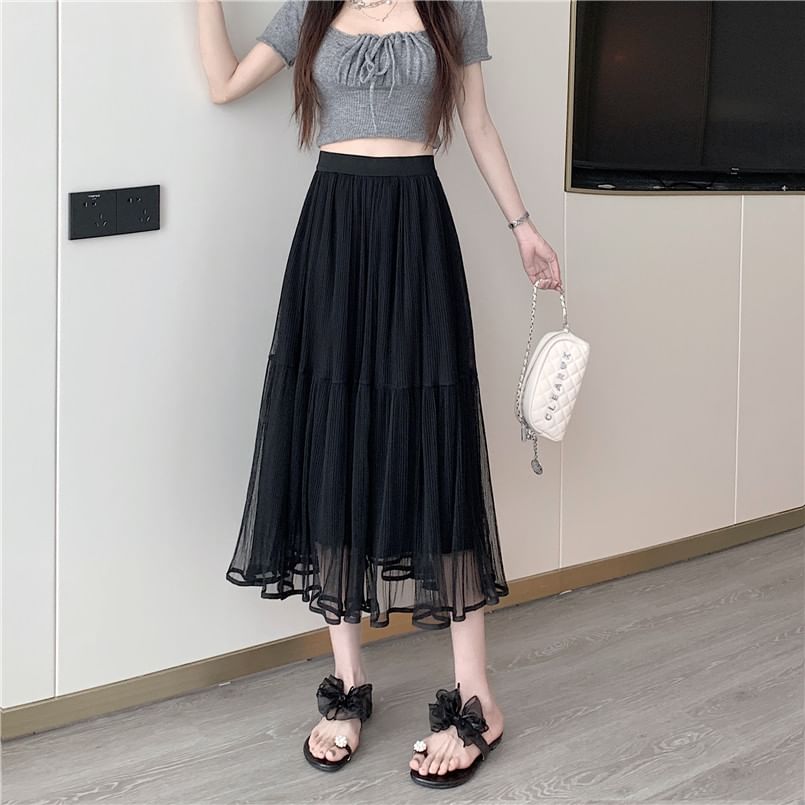 Mesh Flared Midi Skirt with High Rise