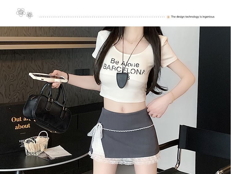 Lace-Trimmed Flared Mini Skirt with Low Waist