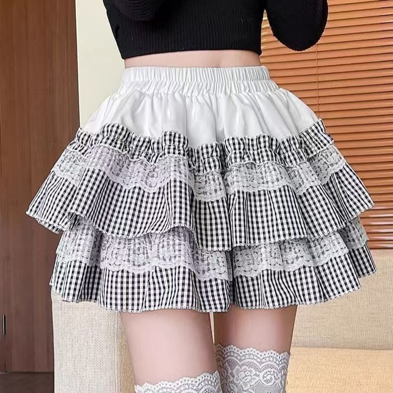 Plaid Layered Mini Skirt with Low Waist