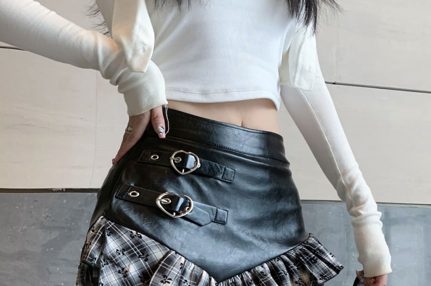 Asymmetric Mini Skirt with Plaid Panels and High Rise