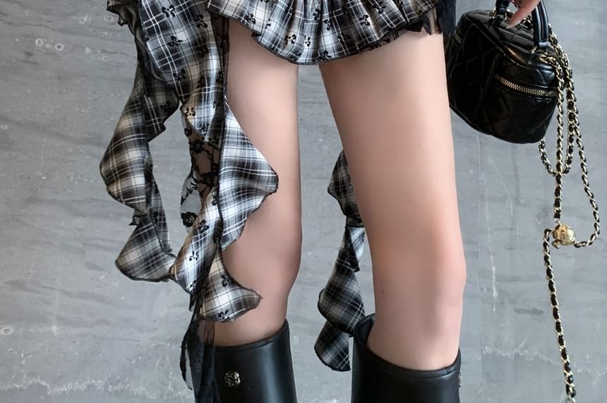 Asymmetric Mini Skirt with Plaid Panels and High Rise
