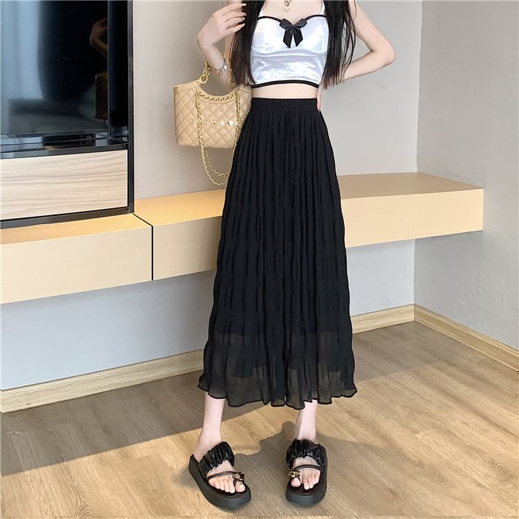 High-Rise Solid Flared Midi Skirt