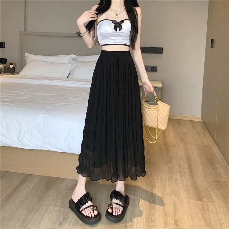 High-Rise Solid Flared Midi Skirt