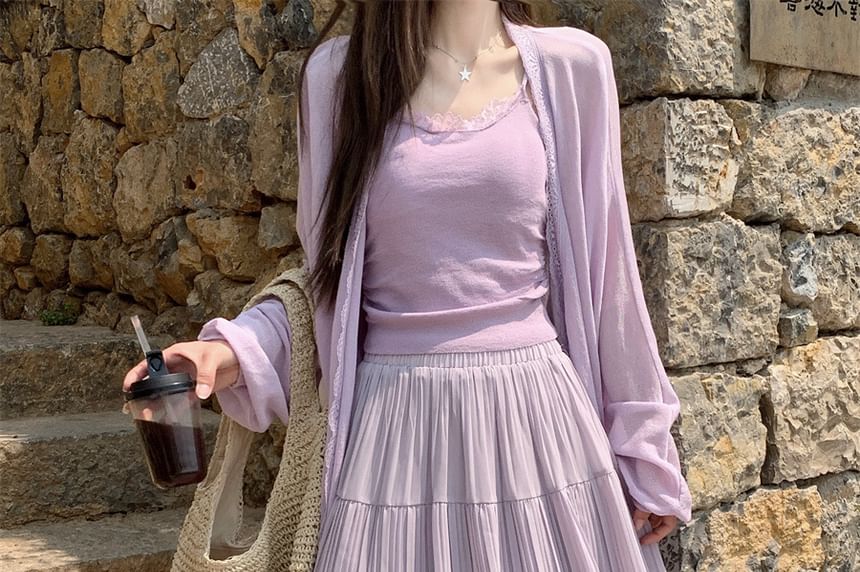 Lace Cami Top with Midi Skirt and Cardigan Set