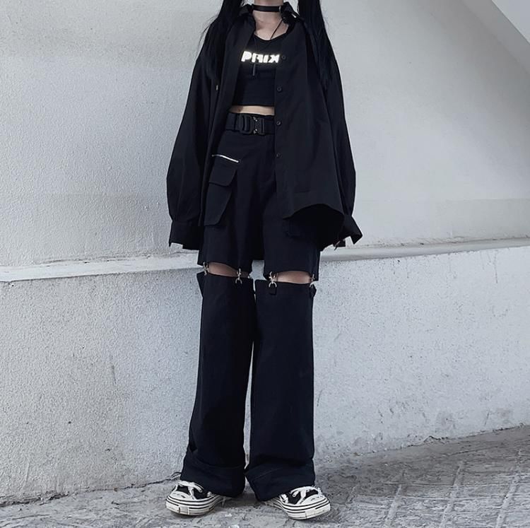 High Rise Plain Cutout Buckled Wide Leg Cargo Pants
