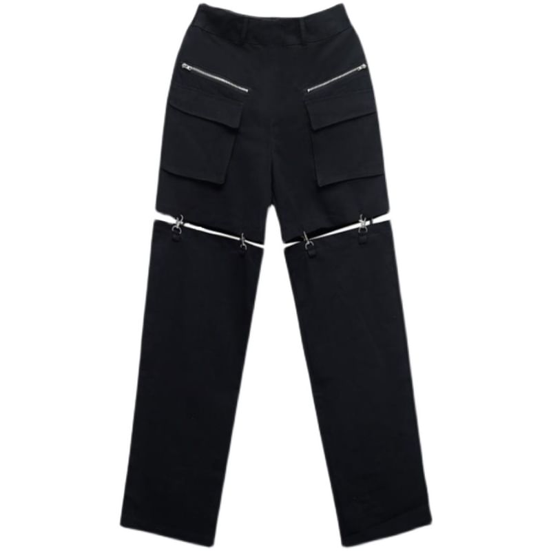 High Rise Plain Cutout Buckled Wide Leg Cargo Pants