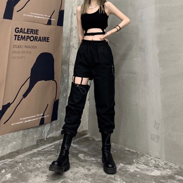 High Waist Plain Cutout Cropped Loose Fit Cargo Pants