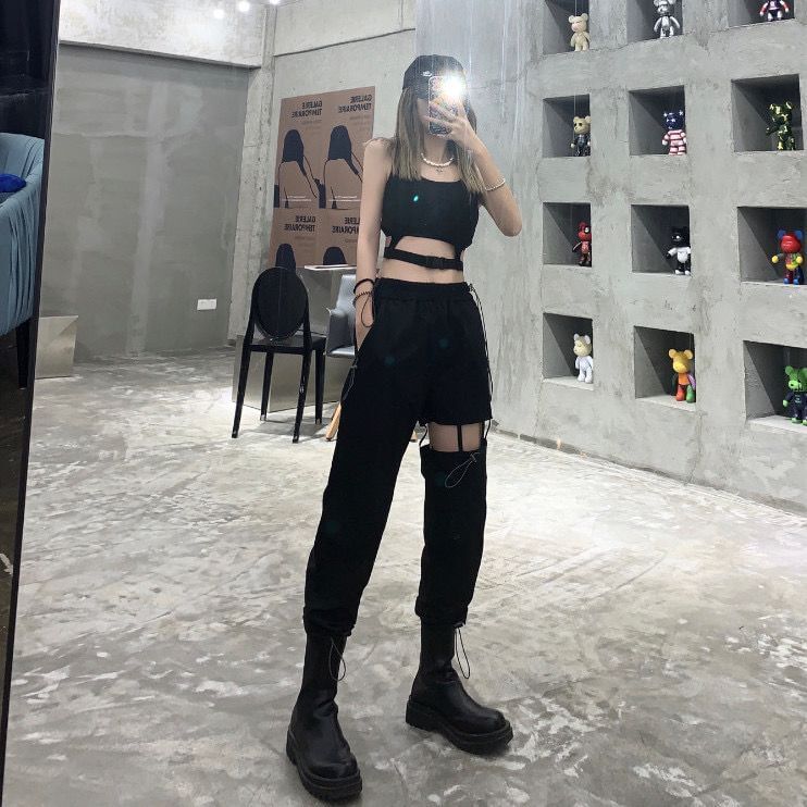 High Waist Plain Cutout Cropped Loose Fit Cargo Pants