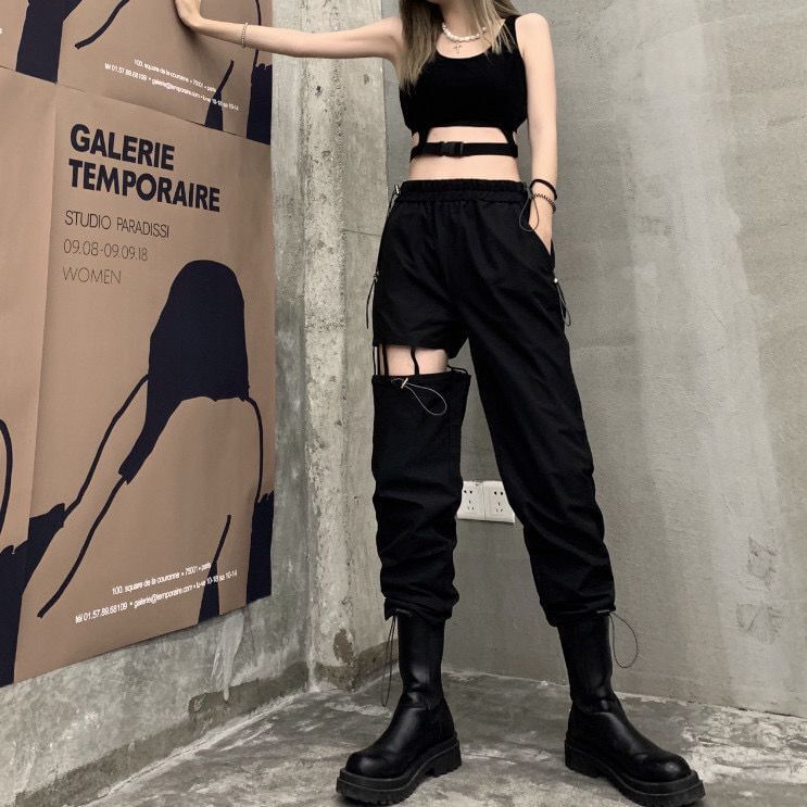 High Waist Plain Cutout Cropped Loose Fit Cargo Pants