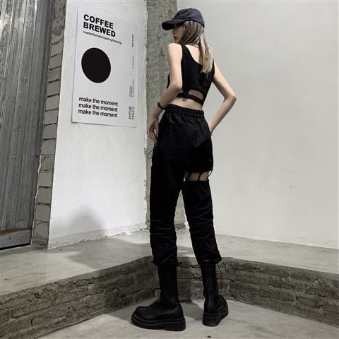 High Waist Plain Cutout Cropped Loose Fit Cargo Pants